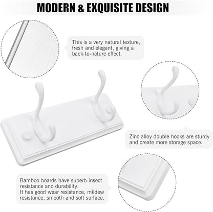Wooden Coat Rack, Wall-Mounted Organizer for Closet, Entryway, Hallway, Foyer, Bedroom, Heavy Duty Double Hooks for Hanging Towels, Bags, Hats, Jackets, Key (White, 2 Hooks)