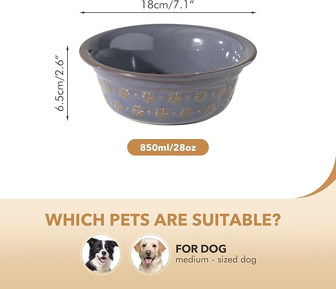 Ceramic 7.1inch Set of 2 Dog Bowls for Medium and Large Dog, 2pcs Basic Food and Water Dishes for Replacement, Wide Opening Rounded Edge (2 Bowls, Reactived Glaze -Grey)-Mewly Pet