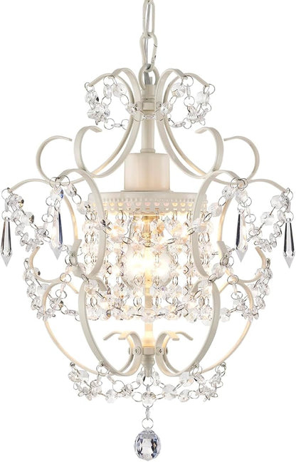 Small Crystal Chandelier for Bedroom, 90% Pre-Assembled 1 Light White Chandelier, Mini Acrylic Crystal Ceiling Light Fixture Charming for Girls Room, Closet, Bathroom, Entryway, Dining Room