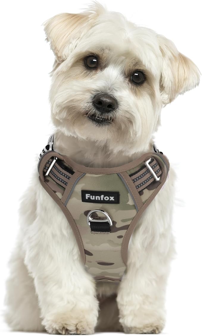 Funfox Dog Harness No Pull, Adjustable Pet Vest Harness, Super Soft Material with Vertical Handle Easy Control, Reflective Night Walking, 2 Leash Clips for Small Sized Dogs, Camo Brown, S-Mewly Pet