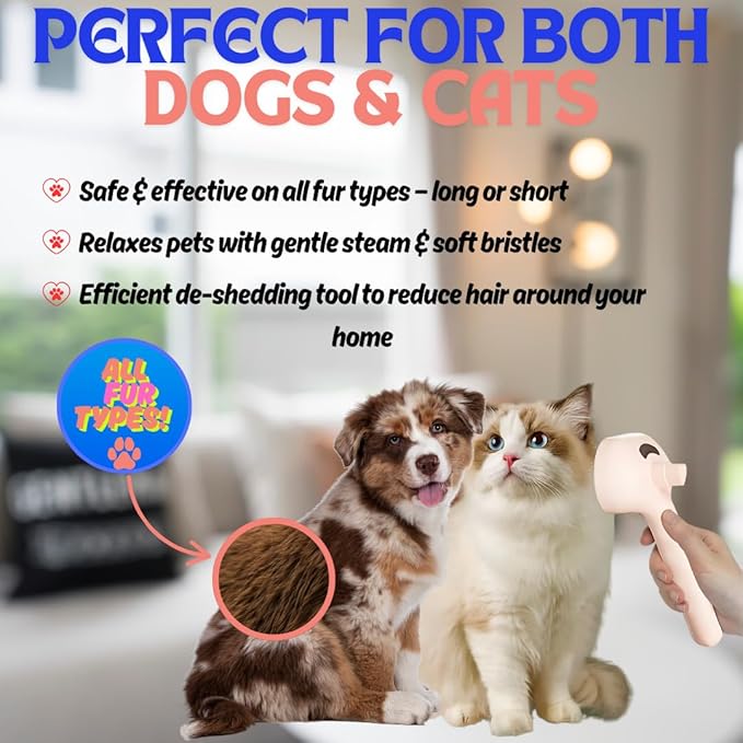 Pet Steam Brush for Cats Dogs, 3-in-1 Cat Grooming Tool with Water Spray and Quick Hair Release Button, Hair Removal Comb for Shedding, Steamy Brush (Pink)-Mewly Pet