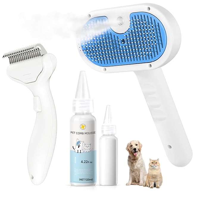 Pet Steam Brush for Dog & Cat - 3-in-1 Steam Grooming Brush for Shedding - Self Cleaning Spray Comb with Mist for Long Haired Pets - Includes Waterless Shampoo & undercoat rake, Blue-Mewly Pet