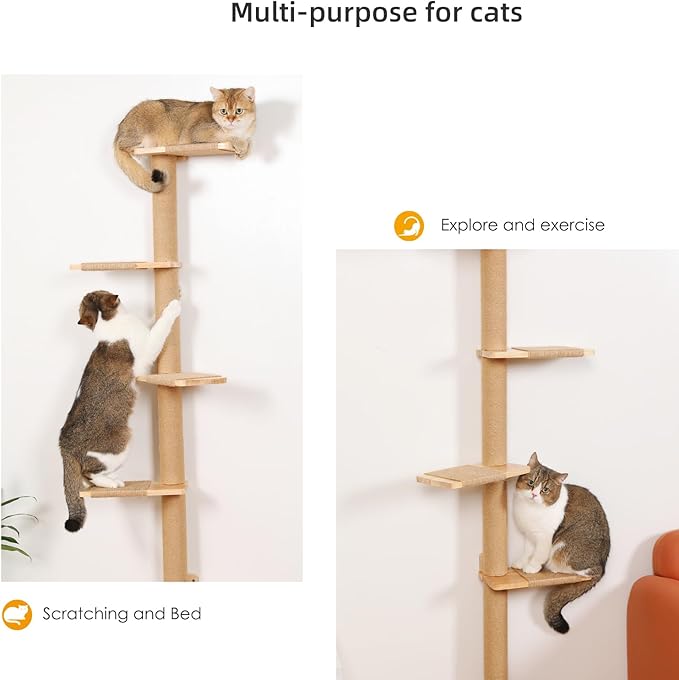 5 Tier Floor to Ceiling Cat Tree Tower with Wall-Mounted Scratching Post, Playful Wall Climbing Shelves for Cats, Ideal for Kittens to Climb, Scratch, and Lookout, Wild Simulation Design-Mewly Pet