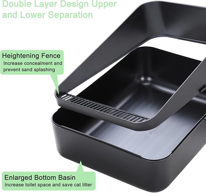 Sfozstra Open Top Litter Box: Black Medium Size with High Sides & Anti Leak Design, Easy Clean Litter Pan for Home Cats-Mewly Pet