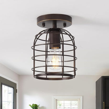 Create For Life® Industrial Vintage Flush Mount Ceiling Light,Rustic Metal Cage Semi Flush Mount Ceiling Lamp Fixture for Hallway Stairway Kitchen Garage, E26, Oil Rubbed Bronze Finish,2 Pack
