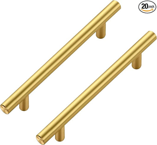 JOY DECOR 20 Pack Cabinet Handles, Gold Cabinet Pulls, 5 in Hole Center Kitchen Cabinet Handles, Stainless Steel T Bar Handles for Dresser Drawers