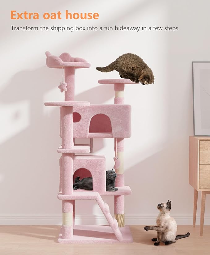 54" Cat tree Tower for Indoor Cats Large Adult,Cute/Tall Modern Cat Tree for Big Cats 20 lbs,Plush Multi-Level Cat Condo with Scratching Posts, Dangling Ball for fun play (Soft Pink, 54 inch)-Mewly Pet