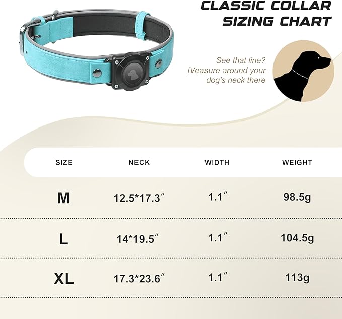 AirTag Dog Collar - Leather Dog Collar with Air Tag Holder | IPX8 Waterproof, Reflective, High - End, Adjustable Soft Padded | Dog GPS Tracker Collars Fit for Medium Large Dogs (Light Blue, L)-Mewly Pet