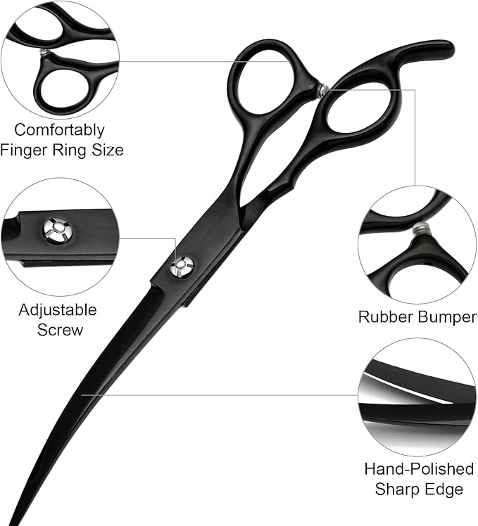Professional Dog Grooming Scissors Set Stainless Steel Dog Grooming Kit - Thinning, Curved Scissors and Comb for Dog Cat Pet (Black 5 in1)-Mewly Pet