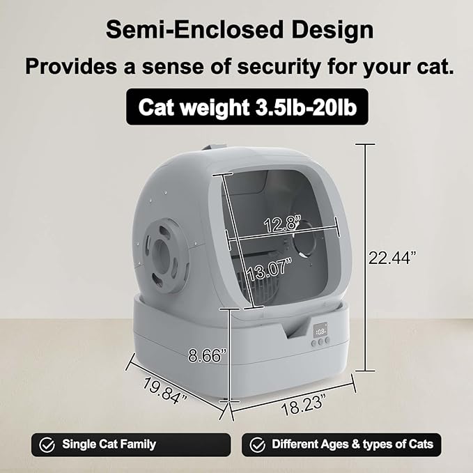 Automatic Self-Cleaning Cat Litter Box with APP-Controlled, Weight Tracking – 86L Ultra-Quiet, Smart Health Monitor, and Safe Anti-Pinch Design (Assembly Required) -Light Grey-Mewly Pet