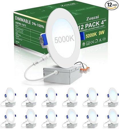zouzai 12 Pack 4 Inch Ultra-Thin LED Recessed Ceiling Light with Junction Box, 5000K Daylight, 9W Eqv 80W, Dimmable Canless Wafer Downlight, 810LM High Brightness, ETL and Energy Star Certified