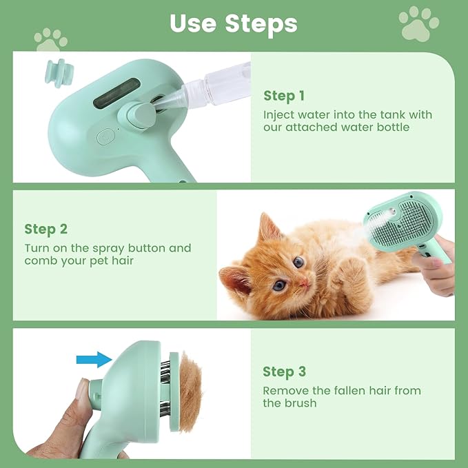 3 in 1 Cat Steam Brush, Pet Spray Hair Removal Comb for Shedding & Grooming, Water Brush for Cats Dogs Small Animals Long Short Haired with One-Click Release Button(Green)-Mewly Pet