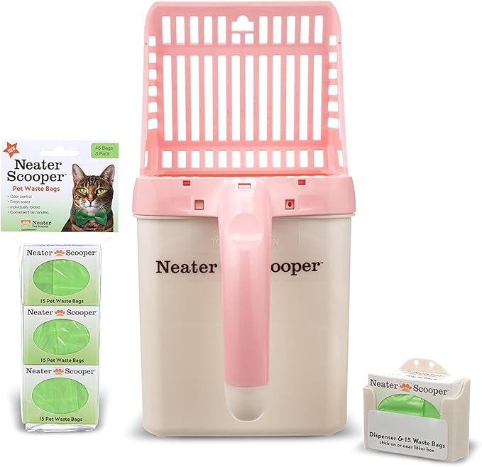 Neater Pet Brands Neater Scooper Standard Cat Litter Scoop, 60 Refill Bags – Mess-Free Cat Litter Scooper with Bag, Spill-Proof Kitty Box Sifter, Bin Doubles as Scoop Holder, For Single-Cat Households-Mewly Pet
