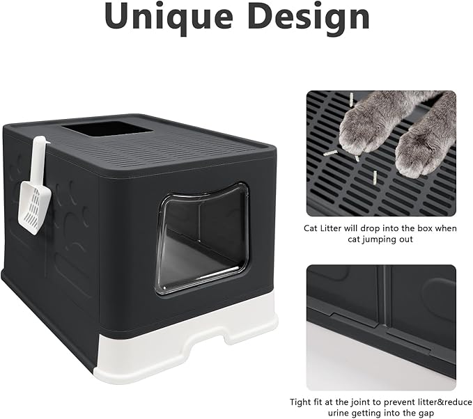 XL Foldable Cat Litter Box with Lid - Jumbo Enclosed Potty - Top Entry Anti-Splashing Toilet - Includes Scoop & 2-in-1 Cleaning Brush (Black)-Mewly Pet