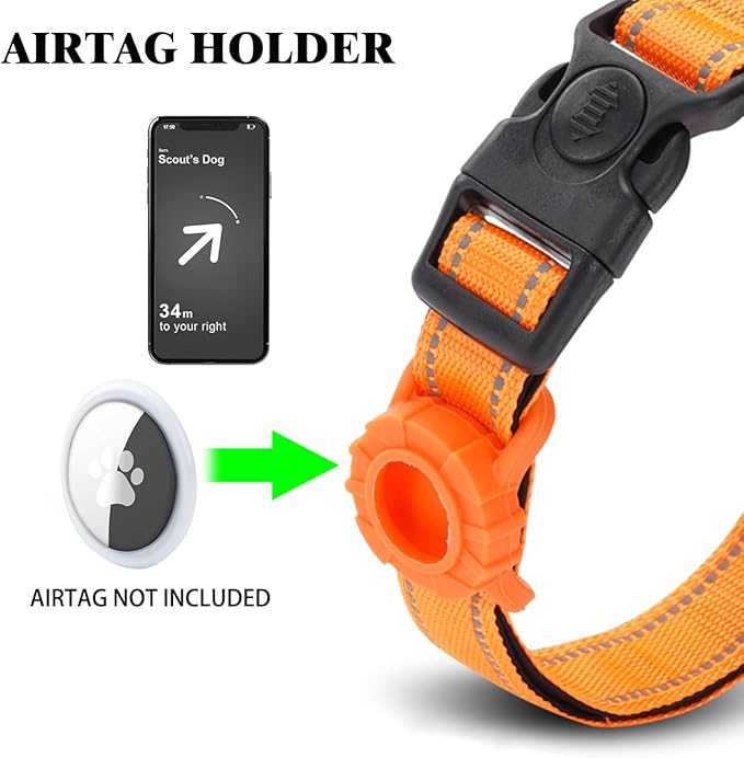 JSXD AirTag Dog Collar, Night Reflective Nylon Dog Collar for Small Medium Large Dogs,Lockable Quick Release Buckle,Padded Breathable Pet Collar with AirTag Holder (Orange, Medium)-Mewly Pet