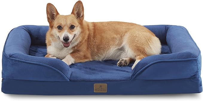 Bedfolks Orthopedic Dog Bed, Waterproof Dog Sofa Bed for Large Dogs, Egg Foam Pet Couch Bed with Removable Washable Cover and Nonslip Bottom, Navy Blue-Mewly Pet