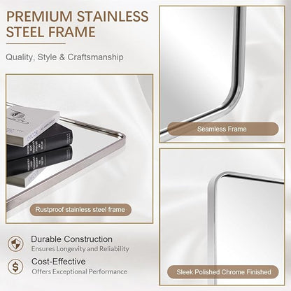 ANDY STAR 24x32 INCH Chrome Mirrors for Bathroom, Polished Nickel Bathroom Mirror, Rounded Rectangle Mirror, Anti-Rust SUS304, Tube Metal Frame, 1’’ Deep Wall Mounted Vertically/Horizontal