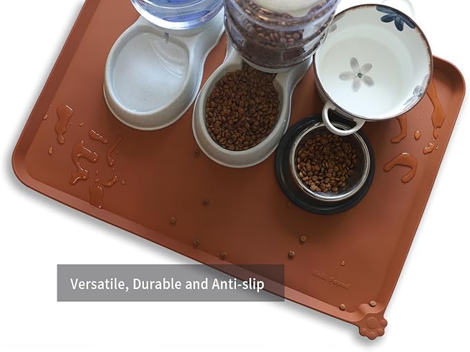 Hoki Found X-Large Silicone Pet Food Mats - Non Slip Pet Dog Cat Bowl Mats - Caramel-Mewly Pet