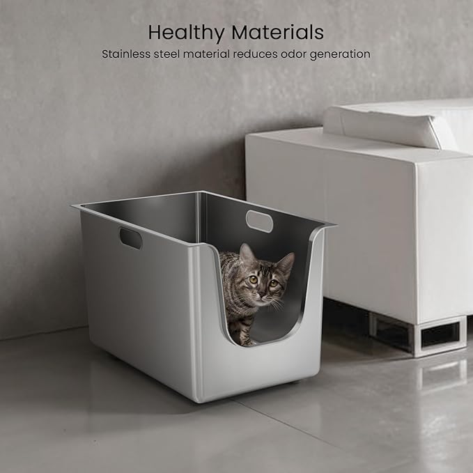 Stainless Steel Litter Box 13.7'' High Sides, XL Metal Cat Litter Box with Curved Low Entry, Cat Litter Pan for Big & Multiple Cats, Pet Toliet with Handy Wheels for Easy Moving-Mewly Pet