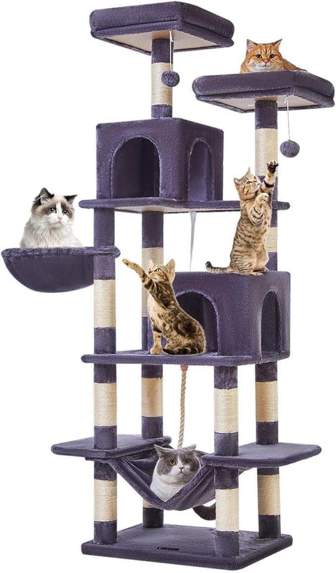Taoqimiao Cat Tree, 71.7-Inch Cat Tower for Indoor Cats, Plush Multi-Level Cat Condo with 13 Scratching Posts, 2 Perches, 2 Caves, Hammock, 2 Pompoms,Smoky Gray MS013LG-Mewly Pet