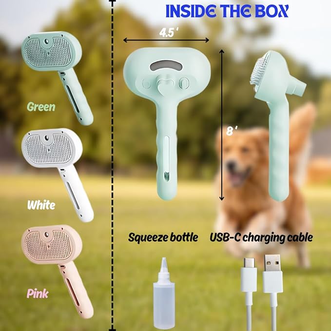 Pet Steam Brush for Cats Dogs, 3-in-1 Cat Grooming Tool with Water Spray and Quick Hair Release Button, Hair Removal Comb for Shedding, Steamy Brush (White)-Mewly Pet