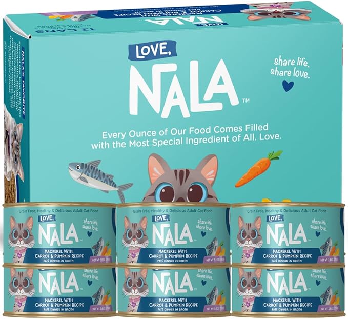 LOVE, NALA - Natural Adult Cat Wet Food - Pate Mackerel with Carrot & Pumpkin Recipe- Grain Free, Non-GMO, Lean Protein, Omega 3, Digestive Fiber Blend, Added Minerals & Vitamins - 12 Pack 2.4 lbs.-Mewly Pet