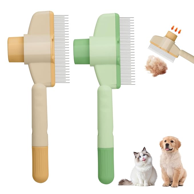 Pet Hair Removal Comb Flea Comb, 2025 New Cat Grooming Brush with Release Button, De-Shedding Cat Brush for Short and Long Hair Cats (Yellow+Green)-Mewly Pet