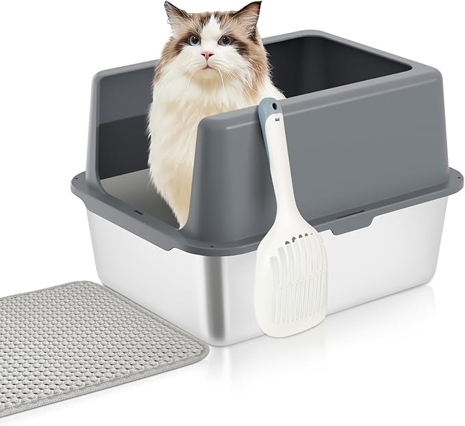 Stainless Steel cat Litter Box, Covered Metal Litter Box, cat Litter Pans with high Sides, Kitty Litter Boxes for Indoor Cats (Non Sticky, Easy to Clean, Anti-Urine Leakage) 17.5" L x 13.5" W x 6" H-Mewly Pet