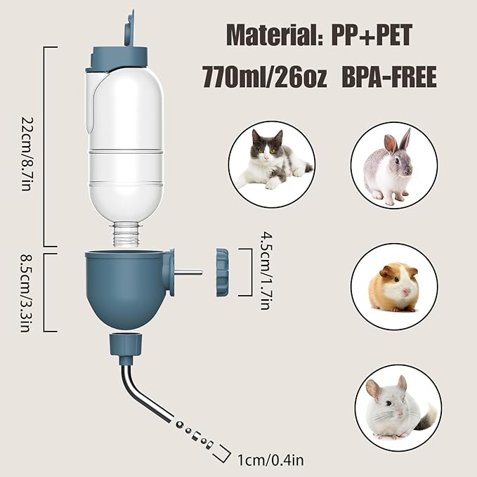 Pet Water Bottle for Cage Crate 26oz Non-Drip Water Dispenser for Small Animal Rabbit Bunny Guinea Pig Chinchilla Ferret Squirrel Hedgehog (Blue, 26oz)-Mewly Pet