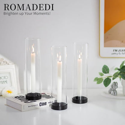 Romadedi Candlestick Candle Holders Hurricane Glass - 12 Inch Clear Black Taper Candle Holders for Table Centerpiece Wedding Party Birthday Christmas Decor Home Decorations, Set of 2