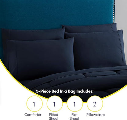 Sweet Home Collection 5 Piece Comforter Set Bag Solid Color All Season Soft Down Alternative Blanket & Luxurious Microfiber Bed Sheets, Navy, Twin