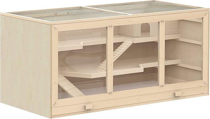 PawHut 45" Extra Large Wooden Hamster Cage, 3-Layer Chewproof Rat Cage with Opening Roof, Hut, Ramps, for Gerbil, Dwarf & Syrian Hamsters, Natural-Mewly Pet