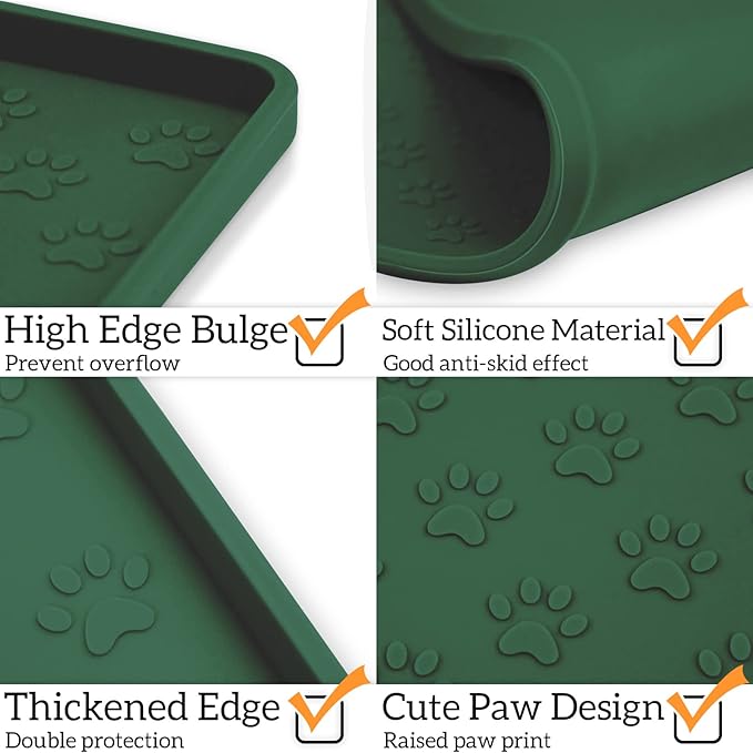 Ptlom Pet Placemat for Dog and Cat, Waterproof Silicone Pet Feeding Bowl Mats for Food and Water, Small Medium Large Dogs Mat Prevent Residues from Spilling to Floor, Hunter Green, 31.5" 23.6"-Mewly Pet