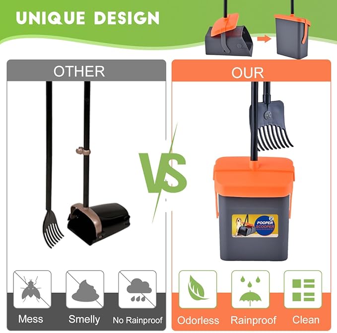 Pooper Scooper Swivel Bin & Rake Kit with 55 Waste Bags, 46" Long Handle Adjustable Portable Non-Breakable Dog Pooper Scooper Easy to Clean Pet Waste-Mewly Pet