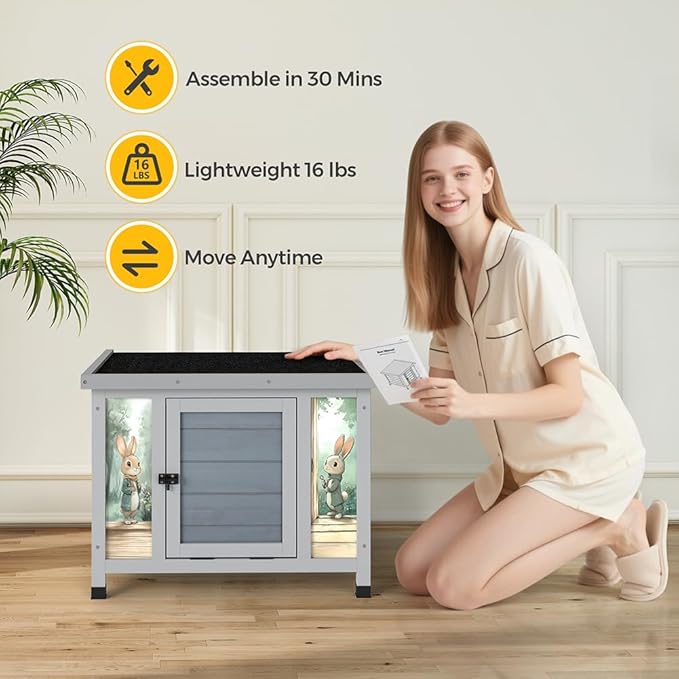 COZIWOW 24in Wooden Cat House Outdoor & Indoor Pet Shelter with Foldable Ramp - Weatherproof Rabbit Hutch with Unique Machine-Printed Art Designs for Cat, Rabbit, Guinea Pig (Grey)-Mewly Pet