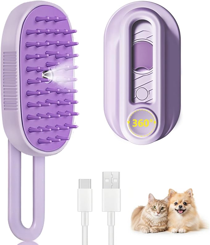 3-in-1 Cat Steam Brush, Rechargeable Cat Brush with Steam, Spritz Defur Comb for Dogs, Spritz Defur Comb for Cats (Purple)-Mewly Pet