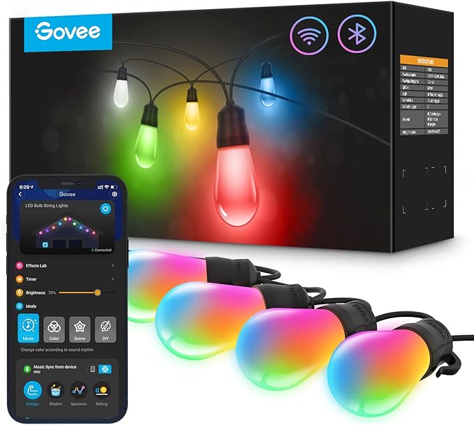 Govee Smart Outdoor String Lights H7021, RGBIC Warm White 96ft (2 Ropes of 48ft) LED Bulbs for Outdoor Decorations, WiFi Patio Lights Work with Alexa, Google, APP Control, IP65 Waterproof