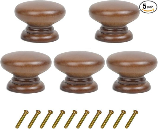 Mysummer 5 Pack Round Wood Drawer Knobs Walnut Finished Kitchen Cabinet Pulls Handles Hardware for Kitchen Cabinets Furniture Dresser Wardrobe Cupboard Drawer Pulls Knobs 33x25mm/1.3x0.98inch(DiaxH)