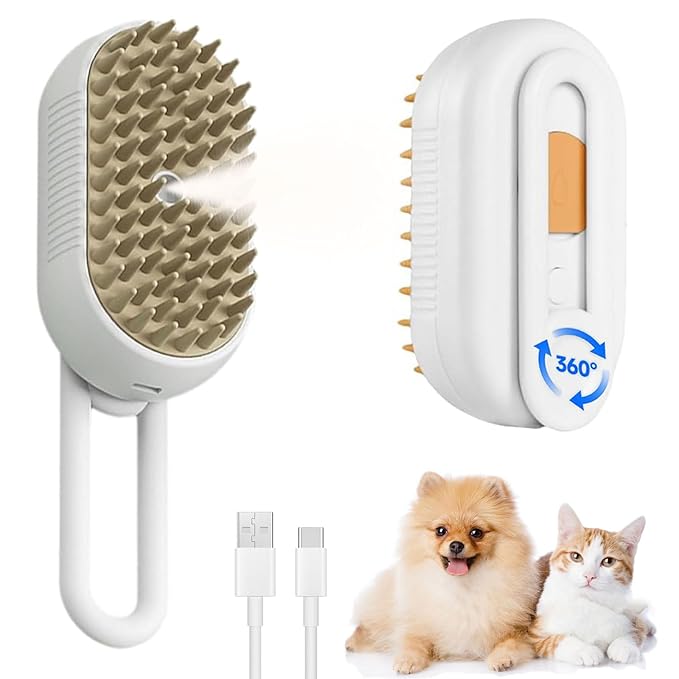 cat steam brush for shedding -4 in 1 Rechargeable Steam Brush for Cats and Dogs, Anti-static, Massage, Cleaning, Shedding & Combing All In One!grooming tool for cats and dogs（Beige）-Mewly Pet