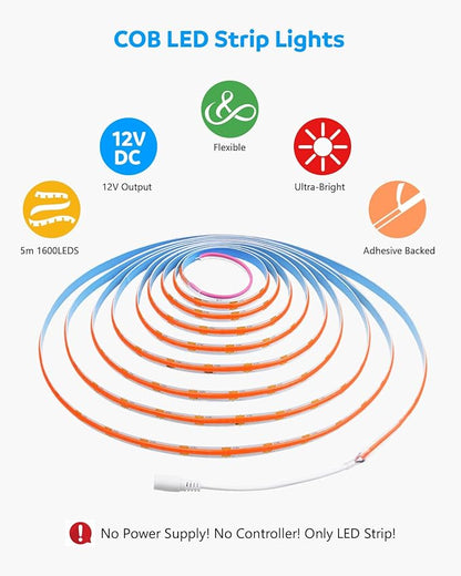 Aclorol Led COB Light Strip 16.4ft Red Flexible COB Strip Lights 12V for Bedroom Tape Lighting 1600Leds/5M for TV Cabinet Closet Other DIY Lighting(Power Supply&LED Dimmer Not Included)