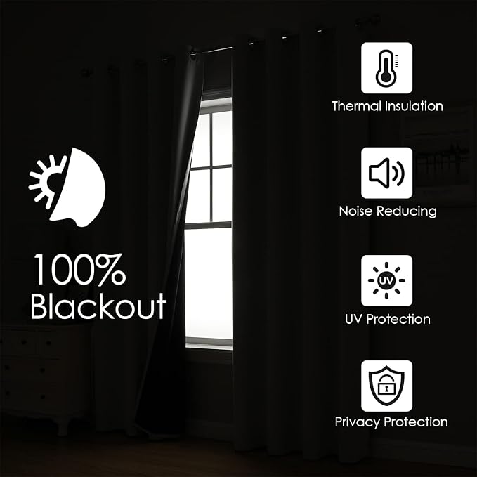ChrisDowa 100% Blackout Curtains for Bedroom with Black Liner, 2 Thick Layers Total Blackout Thermal Insulated Grommet Window Curtains 2 Panels Set (Black, 42 x 63 Inch)