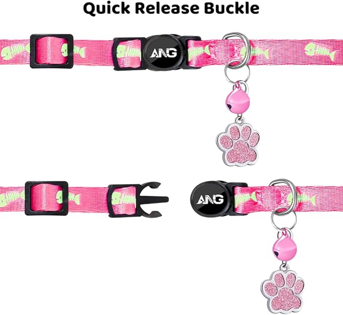 Personalized Breakaway Cat Collars Glow-in-The-Dark with ID Tag, Bell - Safety Quick - Release, Customizable for Female Male Kittens & Cats (Pink)-Mewly Pet