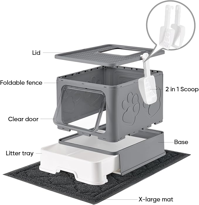 Cat Litter Box with X-Large Litter Mat and Scoop, Large Foldable Litter Box with Lid, Enclosed Kitty Box,Front Top Entry Exit, Odor Control Easy to Clean (Upgrade Dark Grey)-Mewly Pet