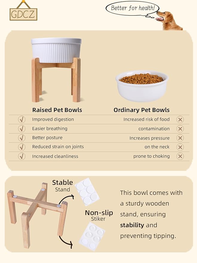 Large Dog Food Bowl, 65 oz Ceramic Bowls for Medium Breed, Pet Food Water Dish Heavy Wighted, Raised Dog Bowl with Wooden Stand, White-Mewly Pet