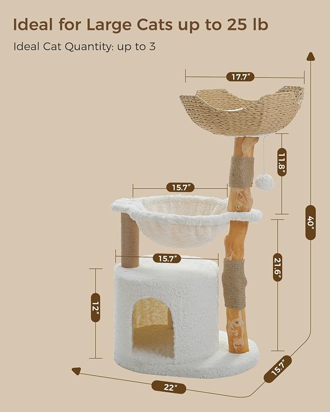 Modern Cat Tree for Large Cats, Wood Cat Tower for Indoor Cats, Real Branch Luxury Cat Furniture with Super Large Cozy Condo and Hammock & Scratching Post, Top Basket, White-Mewly Pet