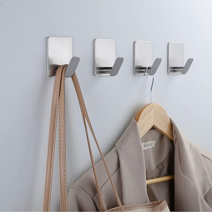 DELITON Towel Hooks for Bathrooms - 8 Pack Adhesive Wall Hooks for Hanging Robe Coat Stick on Hook No Damage SUS 304 Stainless Steel, Silver