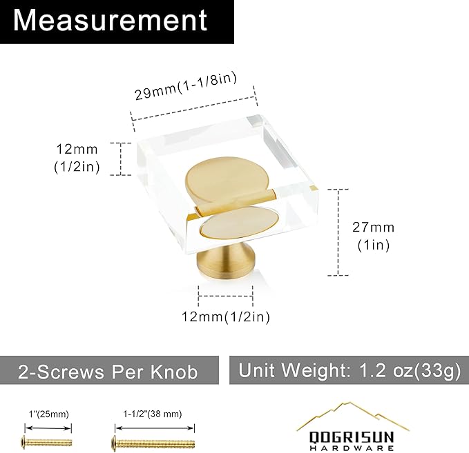 QOGRISUN 5-Pack Brass Crystal Cabinet Knobs,Glass Crystal Gold Drawer Knobs,1-1/8-Inch Square,Decorative Dresser Pulls, Modern Cabinet Hardware