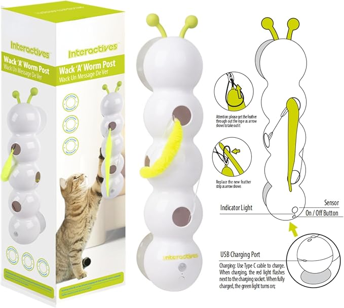 Interactive Caterpillar Cat Toy, Motion Sensor, Simulation of Biological Trajectory, ABS, USB Rechargeable, Stable Suction Cup, Cat Feather Toys for Indoor Cats, Caterpillar Smart Toy with 2 Tails-Mewly Pet