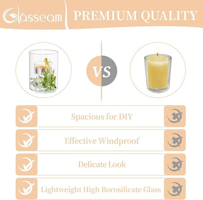 Glasseam Tea Lights Candle Holder: Set of 12 Decorative Modern Clear Glass Cylinder Candle Holders for Table Wedding Centerpiece Birthday Party Decorations