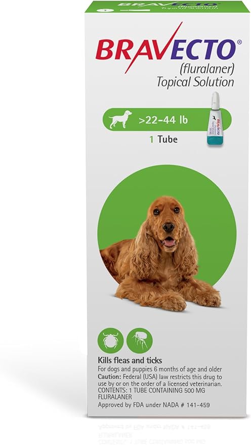 BRAVECTO Topical Solution for Dogs, Flea & Tick, 12 Week Supply, >22-44 lbs., Green Box-Mewly Pet